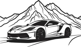 elevato velocità dinamico nero logo design con un' montagnoso gli sport auto alpino apice iconico vettore simbolo di un' gli sport auto navigazione montagna strade nel nero