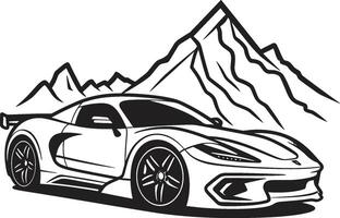 elevato velocità dinamico nero logo design con un' montagnoso gli sport auto icona alpino apice iconico vettore simbolo di un' gli sport auto navigazione montagna strade nel nero