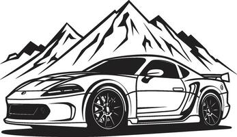 montanaro armonia vettore icona di un' gli sport auto volo a vela attraverso panoramico nero montagna strade vertice sinfonia elegante nero logo design con un' gli sport auto icona danza su montagna sentieri