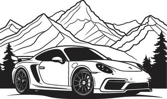 epico elevazione elegante nero logo design con un' dinamico gli sport auto icona su montagnoso sentieri montanaro orizzonte iconico vettore simbolo di un' gli sport auto conquista nero montagna strade