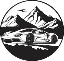 epico elevazione nero logo design con un' gli sport auto su panoramico alpino montagna vertice velocista elegante gli sport auto su il montagna strade nero logo design vettore