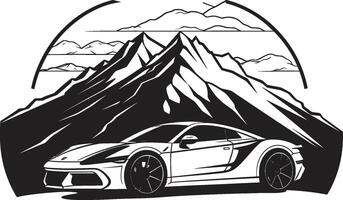 vertice velocista elegante gli sport auto su il montagna strade nero logo design alpino adrenalina vettore icona simboleggiante un' gli sport auto su nero logo