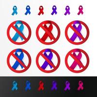 set di icone di nastri di colore di consapevolezza. fermare gli aiuti, il cancro, l'hiv, la raccolta di simboli di abuso. logo vettoriale della campagna di beneficenza e assistenza medica