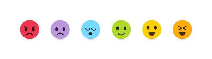 set di emoticon vettoriali con diverse emozioni. scala di feedback, recensione del cliente e valutazione della qualità di beni o servizi. rotondo emoji colorato vettore piatto illustrazione.