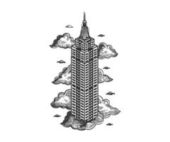 ai generato nero e bianca vettore illustrazione di un' Vintage ▾ grattacielo circondato di nuvole, isometrico scarabocchio stile.