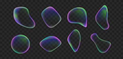 liquido iridescente trasparente astratto sfera impostato isolato su nero sfondo. pendenza colorato il giro forme di fluido spruzzo arcobaleno bolla collezione. vettore