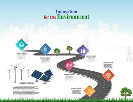 modello vettoriale infografica timeline delle operazioni commerciali con bandiere e segnaposto su strade curve. innovazione, per ambiente e società città che possano convivere. simboli, passi per il successo