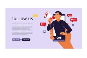 mani che tengono lo smartphone con un uomo che grida in altoparlante. influencer marketing, social media o promozione in rete. pagina di destinazione. illustrazione vettoriale. piatto. vettore