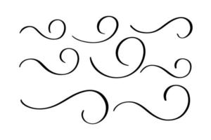 set di ornati calligrafici disegnati a mano con pennellate. elementi decorativi vettoriali. curve, riccioli, svolazzi per il design del testo e della pagina. vettore