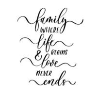 famiglia dove la vita inizia e l'amore non finisce mai. banner di calligrafia pennello vettoriale. vettore