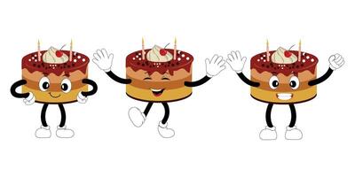 carino dolce compleanno torta cartone animato personaggio disegno, Vintage ▾ personaggio cartone animato compleanno torta, retrò etichetta di contento cioccolato torta con candele vettore