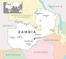 Zambia politico carta geografica con capitale Lusaka, maggior parte importante città con nazionale frontiere vettore
