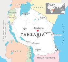 Tanzania politico carta geografica con capitale dodoma, maggior parte importante città con nazionale frontiere vettore