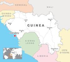 Guinea politico carta geografica con capitale Conakry, maggior parte importante città con nazionale frontiere vettore