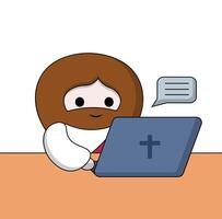 carino cartone animato Gesù Cristo con il computer portatile nel colore vettore