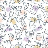 barattoli cosmetici di doodle con etichette e foglie senza motivo. vettore