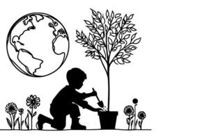 ai generato continuo uno nero linea arte disegno bambini irrigazione un' albero. piantare albero per Salva il mondo e terra giorno ridurre globale riscaldamento crescita concetto vettore illustrazione su bianca sfondo