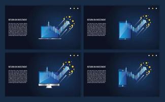 grafico e grafico del ritorno sull'investimento in laptop, computer, telefono e tablet. frecce di crescita aziendale per il successo. vettore banner pagina di destinazione aziendale