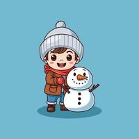 cartone animato illustrazione di un' ragazzo edificio un' pupazzo di neve con un' allegro e determinato espressione. vettore