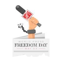 mondo stampa la libertà giorno manifesto con microfono nel mano e rotto ammanettare catena vettore