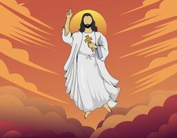 mano disegnato illustrazione di Gesù volante nel il nube cielo vettore