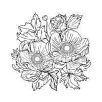 anemone. anemoni . illustrazione, fiore tatuaggio. fiori nel boho stile, etichetta su un' bianca sfondo. clip art, vuoto per il progettista vettore