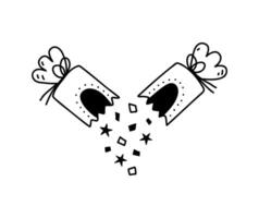 mano disegnato cartone animato illustrazione di schema festa Aperto cracker con coriandoli. carino scarabocchio semplice rotto bon bon linea arte. piatto festivo, celebrazione, Natale etichetta, icona o Stampa. isolato. vettore