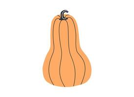 mano disegnato carino cartone animato illustrazione di zucca. piatto Halloween e ringraziamento etichetta nel semplice colorato scarabocchio stile. autunno o autunno raccogliere icona o Stampa. isolato su bianca sfondo. vettore