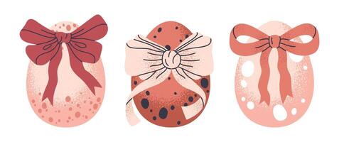 carino decorativo uova. dipinto Pasqua uova con arco nastri, primavera Pasqua vacanza cioccolato uovo con fiocchi piatto illustrazione impostare. tradizionale Pasqua trattare vettore
