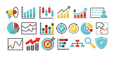 attività commerciale icone nel minimalista stile. marketing e attività commerciale analisi concetto. schema icone impostato vettore