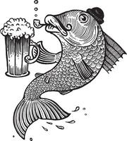 pesce con un' birra tazza, illustrazione. disegno con un inchiostro penna e matita. collezione di pesce. vettore