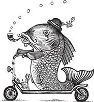 un' pesce cavalcate un' scooter, illustrazione. disegno con un inchiostro penna e matita. collezione di pesce. vettore