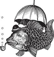 pesce con un ombrello, nel un' giocatore di bowling cappello e fumo un' tubo, illustrazione. disegno con un inchiostro penna e matita. un' collezione di pesce. vettore