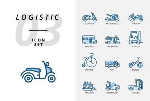 Icon pack per logistica, camion veloce, acquisto, tempi di consegna, carrello elevatore, container, imballaggio, container, nave, postino, merci via aerea, bike messenger, tracking. vettore