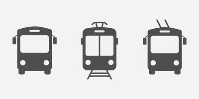 autobus, tram, treno, filobus silhouette icona impostare. pubblico mezzi di trasporto simbolo collezione. viaggio città trasporto glifo pittogramma. traffico strada solido cartello. isolato illustrazione. vettore