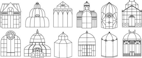 un' impostato di Vintage ▾ isolato serre. linea illustrazione serre e aranciera. vettore
