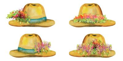 mano disegnato acquerello illustrazione primavera giardinaggio accessorio, cannuccia sole cappello con fiori e le foglie. impostato di oggetti isolato bianca sfondo. design Stampa, negozio, scrapbooking, confezione, decoupage vettore