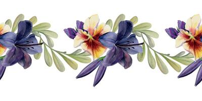 mano disegnato acquerello illustrazione squallido boho botanico fiori verde le foglie. buio giglio clivia amarillide, viola del pensiero viola Viola. senza soluzione di continuità bandiera isolato su bianca. design nozze suite, amore carte, negozio vettore