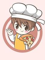 simpatico chef ragazzo che tiene una fetta di pizza. concetto di illustrazione del logo di fast food vettore