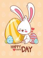 simpatico coniglietto con uova di Pasqua decorate. illustrazione del personaggio dei cartoni animati felice giorno di pasqua concetto. vettore
