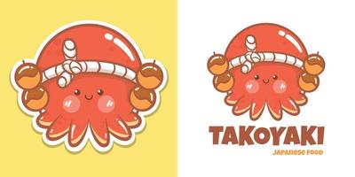 un simpatico personaggio dei cartoni animati di polpo takoyaki logo e illustrazione della mascotte vettore
