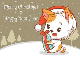 simpatico personaggio dei cartoni animati di gatto con banner di auguri di buon natale e felice anno nuovo. vettore