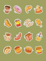 set di simpatici personaggi dei cartoni animati e illustrazioni dell'autoadesivo dell'icona di fast food. vettore