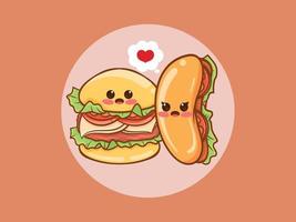 simpatico hamburger e hot dog concetto di coppia. personaggio dei cartoni animati e illustrazione. vettore