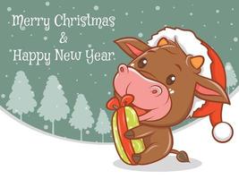 simpatico personaggio dei cartoni animati di mucca con banner di auguri di buon natale e felice anno nuovo. vettore