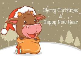 simpatico personaggio dei cartoni animati di mucca con banner di auguri di buon natale e felice anno nuovo. vettore