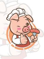 simpatico chef maiale personaggio dei cartoni animati che tiene salsiccia alla griglia - mascotte e illustrazione vettore