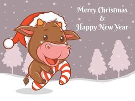 simpatico personaggio dei cartoni animati di mucca con banner di auguri di buon natale e felice anno nuovo. vettore