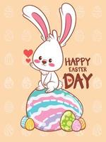 simpatico coniglietto con uova di Pasqua decorate. illustrazione del personaggio dei cartoni animati felice giorno di pasqua concetto. vettore