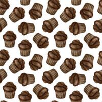 acquerello senza soluzione di continuità modello di cioccolato muffin. dolce forno prodotti. sfondo di Pasticcino per design di etichette, confezione di merce, carte, per panetteria, Panetteria. vettore